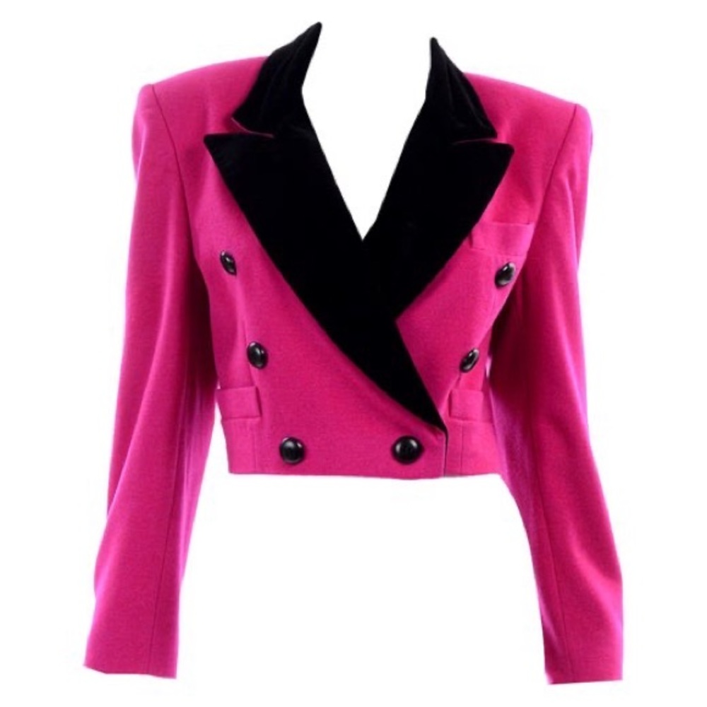 Escada Margaretha Ley Bright Pink Cropped Wool Blazer Black Velvet Trim